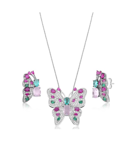 CONJUNTO BORBOLETA CRAVEJADA COLORIDA BANHADO A RÓDIO BRANCO