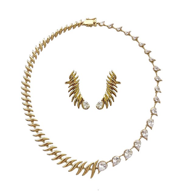 CONJUNTO DE LUXO FILETES COM GOTAS CRISTAIS BANHADO A OURO