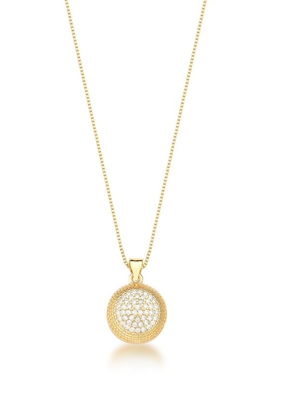 COLAR COM PINGENTE REDONDO CRAVEJADO BANHADO A OURO