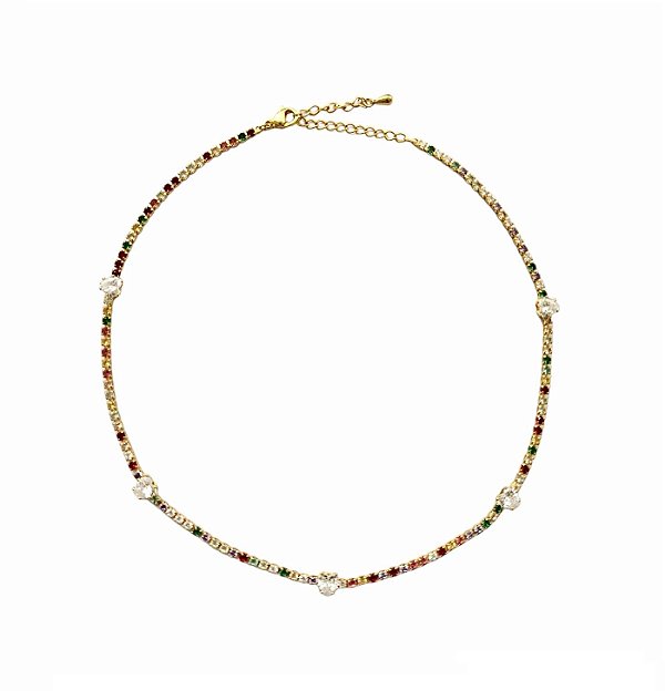 CHOKER RIVIERA COLORIDA COM CORAÇÕES CRISTAIS BANHADO A OURO