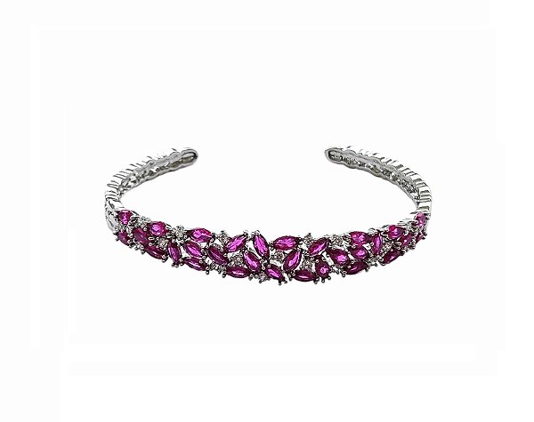 BRACELETE CRAVEJADO SAFIRA ROSA ABERTO BANHADO A RÓDIO BRANCO
