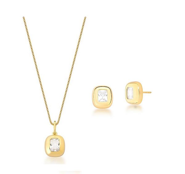 CONJUNTO RETANGULAR COM PEDRA CENTRAL BANHADO A OURO