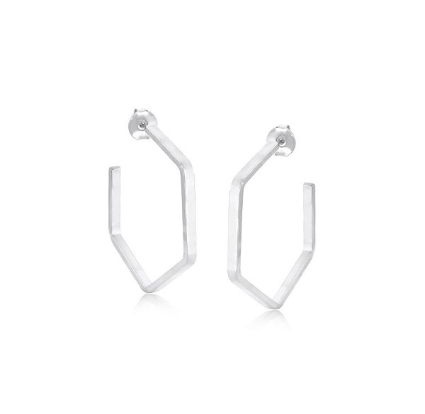 MEIA ARGOLA LISA TRABALHADA GEOMÉTRICA BANHADA A RÓDIO BRANCO