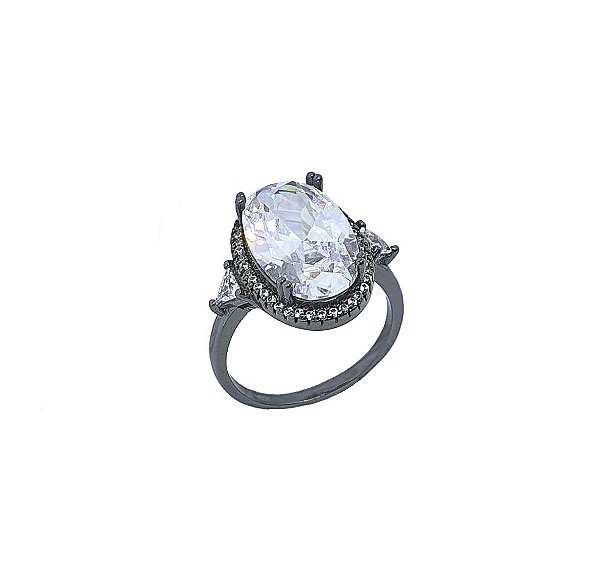 ANEL SOLITÁRIO OVAL CRISTAL BANHADO A RÓDIO NEGRO