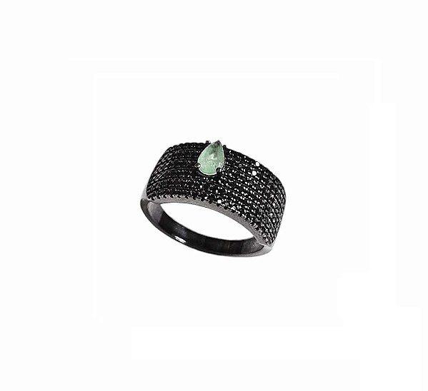 ANEL LARGO CRAVEJADO COM GOTA GREENERY BANHADO A RÓDIO NEGRO