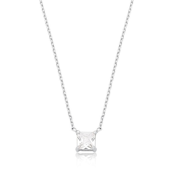 COLAR COM PINGENTE QUADRADO CRISTAL BANHADO A RÓDIO BRANCO