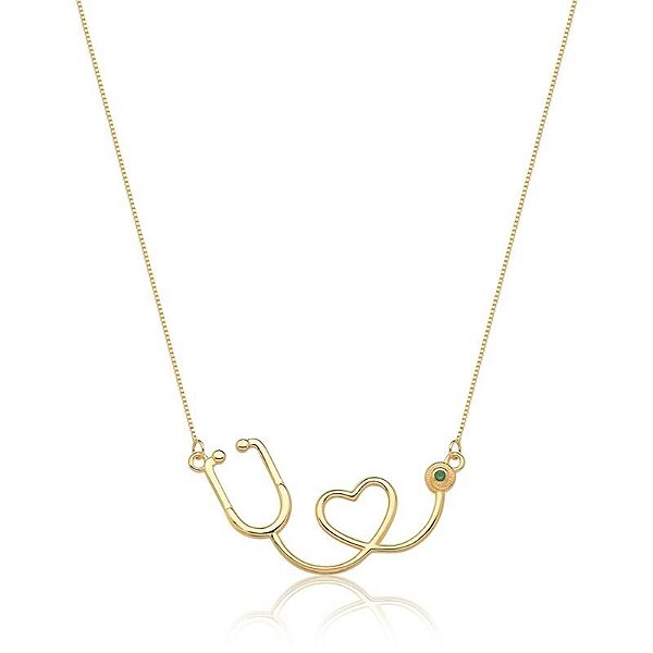 COLAR ESTETOSCÓPIO COM PONTO ESMERALDA BANHADO A OURO