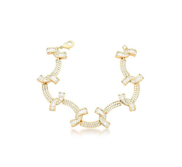 PULSEIRA COM CURVAS E ZIRCÔNIAS BAGUETES BRANCAS BANHADA A OURO