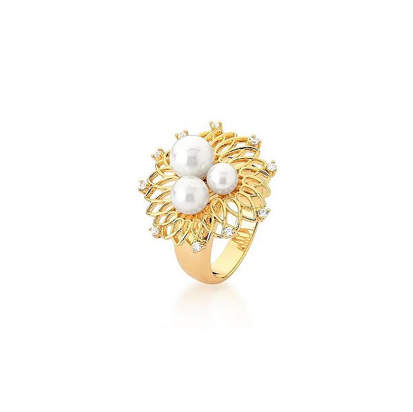 ANEL COM TRÊS PÉROLAS SHELL BANHADO A OURO