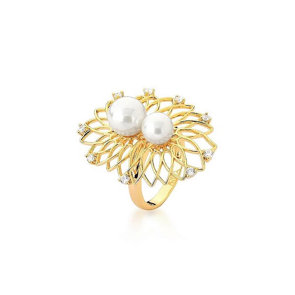 ANEL COM DUAS PÉROLAS SHELL BANHADO A OURO