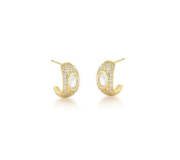 MEIA ARGOLA COM PEDRA CENTRAL OVAL BANHADA A OURO