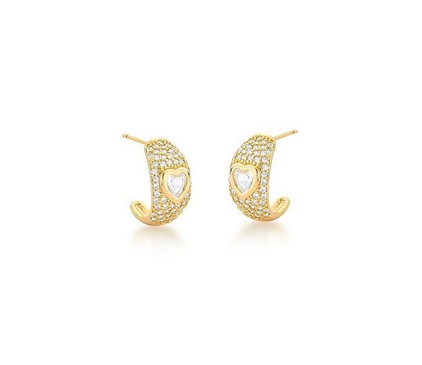 MEIA ARGOLA COM PEDRA CENTRAL CORAÇÃO BANHADA A OURO