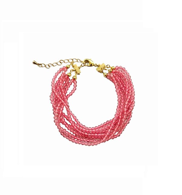 PULSEIRA COM SETE FILEIRAS DE CRISTAIS ROSA BANHADA A OURO