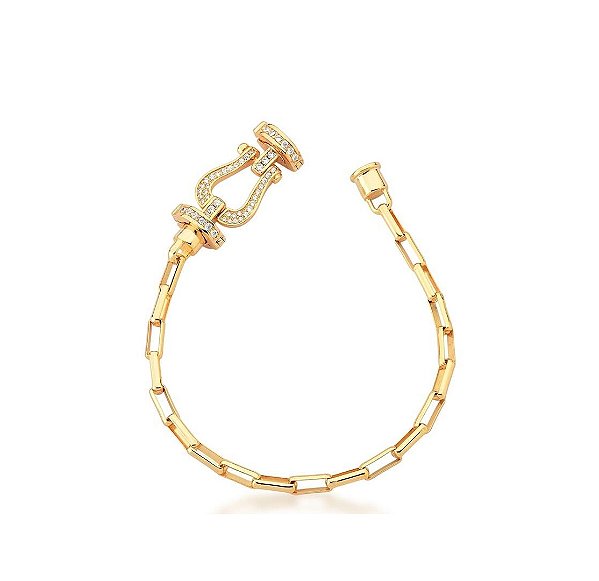 PULSEIRA COM ELOS RETANGULARES E FECHO CRAVEJADO BANHADO A OURO