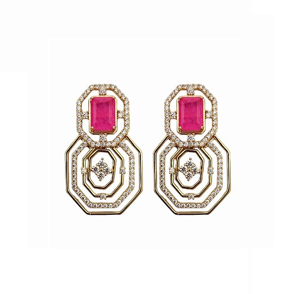 BRINCO LUXO PEDRA RETANGULAR TURMALINA ROSA BANHADO A OURO