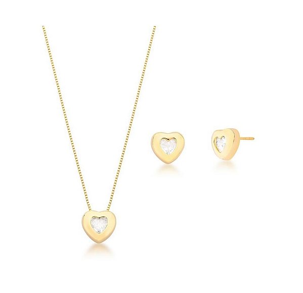 CONJUNTO CORAÇÃO LISO COM ZIRCÔNIA CENTRAL BANHADO A OURO