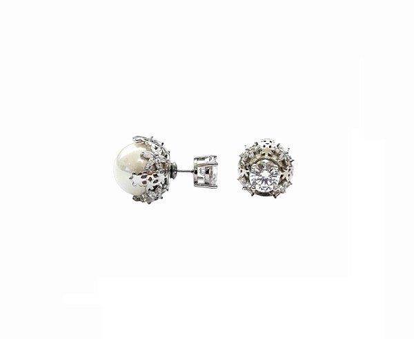 BRINCO EAR JACKET PÉROLA TRABALHADA COM PONTO DE LUZ BANHADO A RÓDIO BRANCO