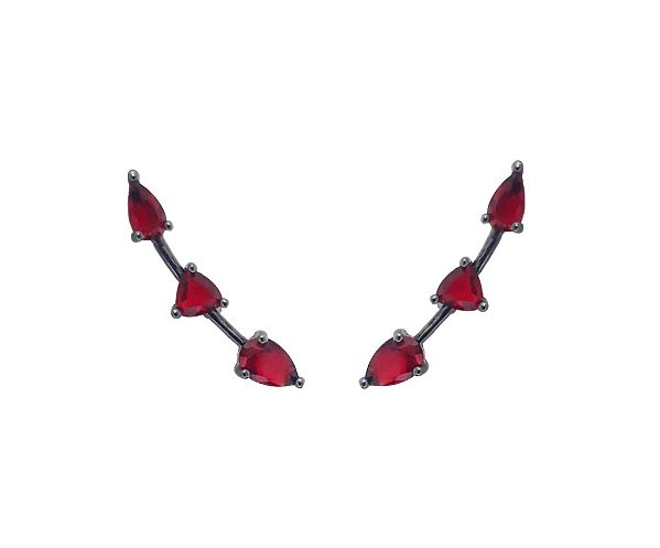 BRINCO EAR CUFF TRÊS ZIRCÔNIAS RUBI BANHADO A RÓDIO NEGRO