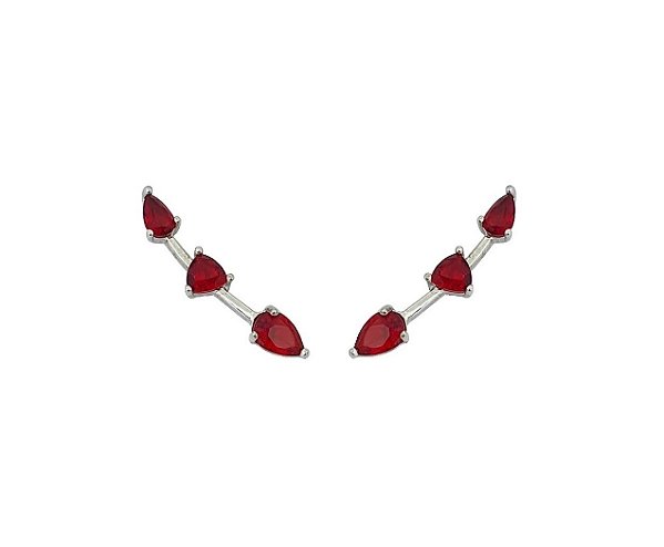 BRINCO EAR CUFF TRÊS PEDRAS RUBI BANHADO A RÓDIO BRANCO
