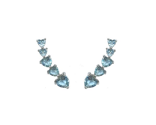 BRINCO EAR CUFF CORAÇÕES AQUAMARINE BANHADO A RÓDIO BRANCO