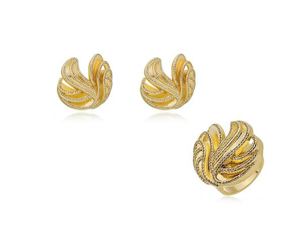 CONJUNTO DE BRINCO E ANEL TRABALHADO EM ZIRCÔNIAS BANHADO A OURO
