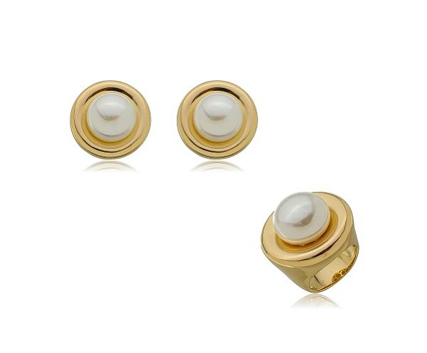 CONJUNTO DE BRINCO E ANEL REDONDO COM PÉROLA BANHADO A OURO