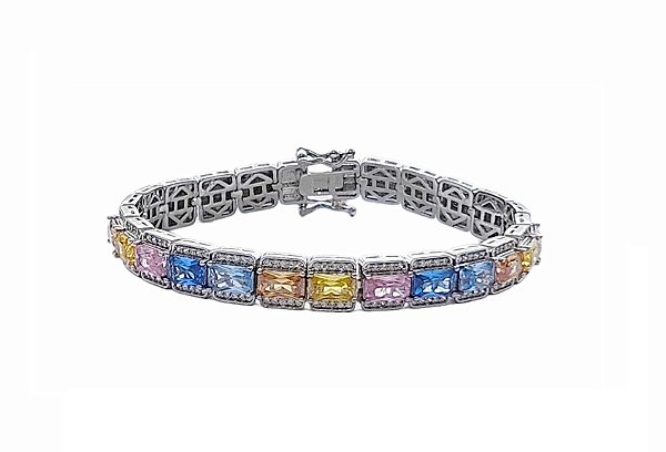 PULSEIRA LUXO ZIRCÔNIAS COLORIDAS BANHADO A RÓDIO BRANCO