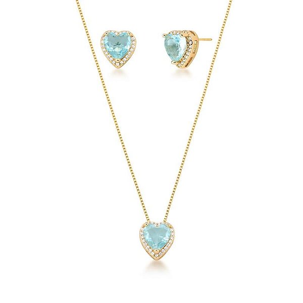 CONJUNTO CORAÇÃO ZIRCÔNIA AQUAMARINE BANHADO A OURO