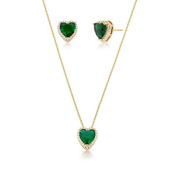 CONJUNTO CORAÇÃO ZIRCÔNIA ESMERALDA BANHADO A OURO