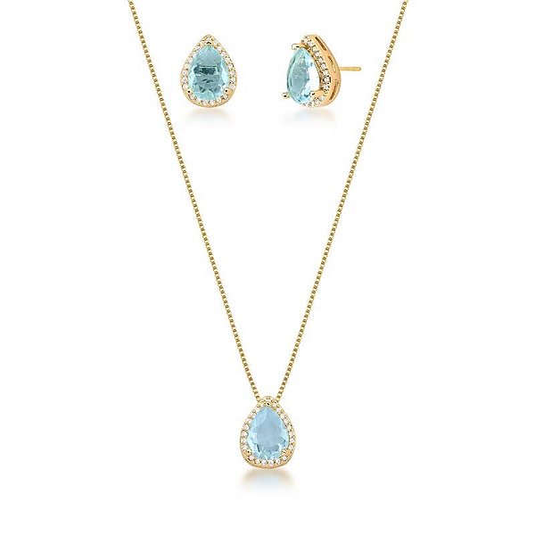 CONJUNTO GOTA ZIRCÔNIA AQUAMARINE BANHADO A OURO