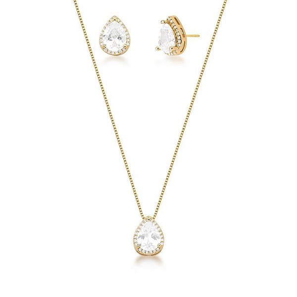 CONJUNTO GOTA ZIRCÔNIA CRISTAL BANHADO A OURO