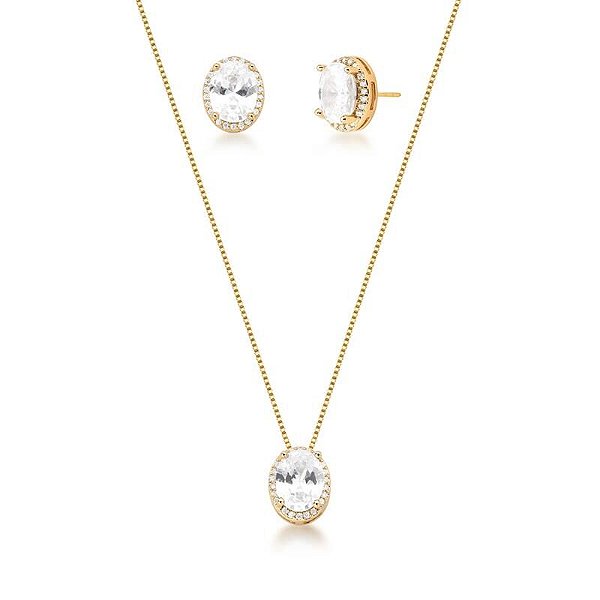 CONJUNTO OVAL ZIRCÔNIA CRISTAL BANHADO A OURO