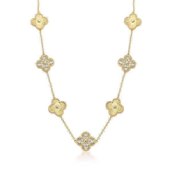 COLAR LONGO COM TREVOS CRAVEJADOS INTERCALADOS BANHADO A OURO