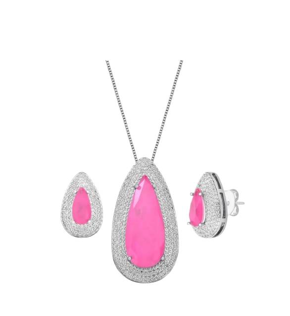 CONJUNTO GOTA LIGHT PINK FUSION BANHADO A RÓDIO BRANCO