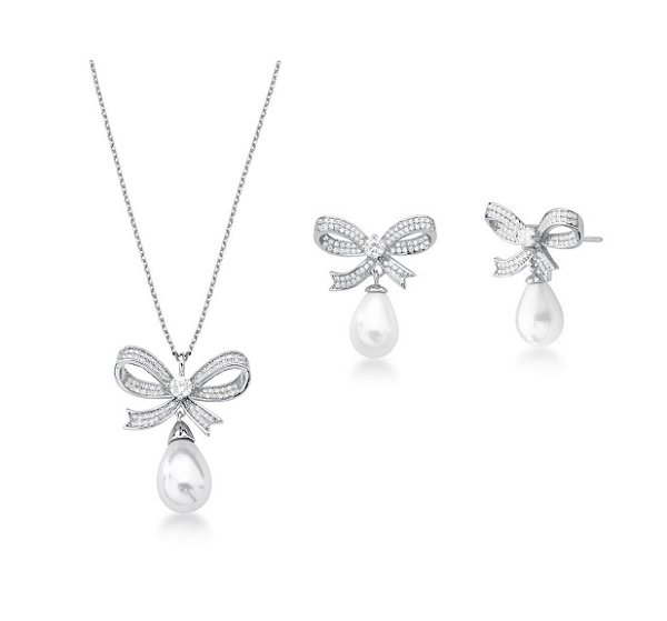 CONJUNTO LAÇO COM PÉROLA BANHADO A RÓDIO BRANCO