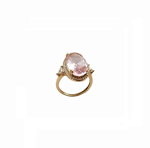 ANEL SOLITÁRIO ZIRCÔNIA ROSA BANHADO A OURO