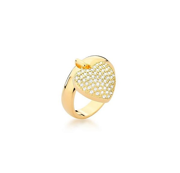 ANEL COM PINGENTE CORAÇÃO CRAVEJADO BANHADO A OURO