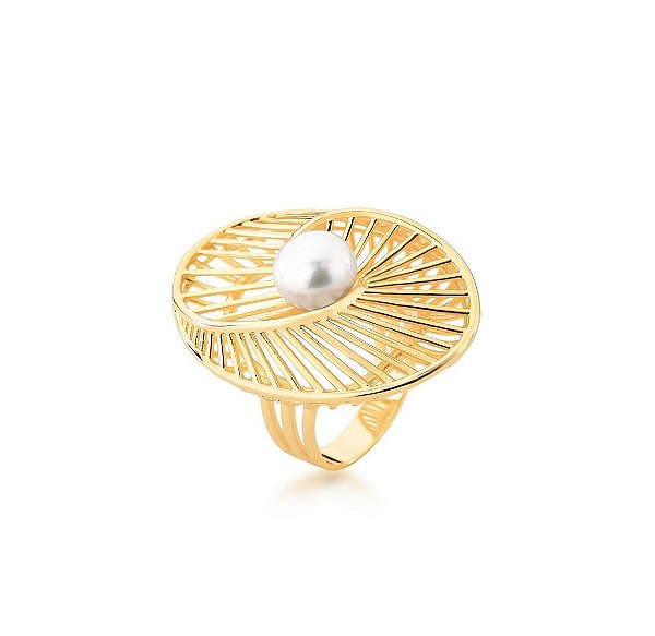 ANEL OVAL CURVO ARAMADO COM PÉROLA CENTRAL BANHADO A OURO