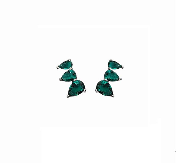 MINI EAR CUFF TRÊS GOTAS ESMERALDA BANHADO A RÓDIO BRANCO