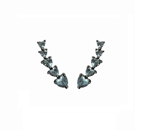 BRINCO EARCUFF CORAÇÕES AQUAMARINE BANHADO A RÓDIO NEGRO