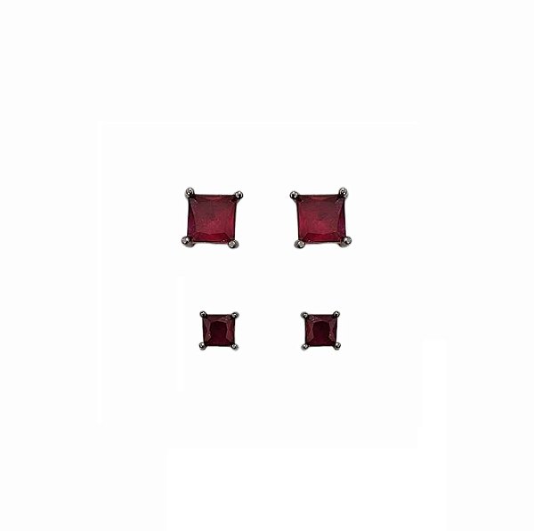 DUPLA DE BRINCOS QUADRADOS RUBI BANHADO A RÓDIO NEGRO