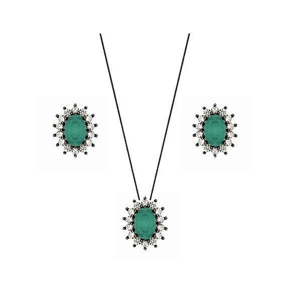 CONJUNTO OVAL TURMALINA FUSION BANHADO A RÓDIO NEGRO