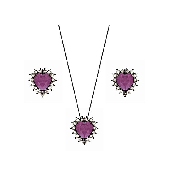 CONJUNTO CORAÇÃO FUCSIA FUSION BANHADO A RÓDIO NEGRO