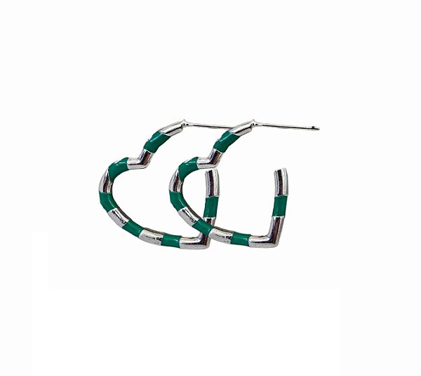 MEIA ARGOLA CORAÇÃO VERDE COM PONTOS DE LUZ BANHADO A RÓDIO BRANCO