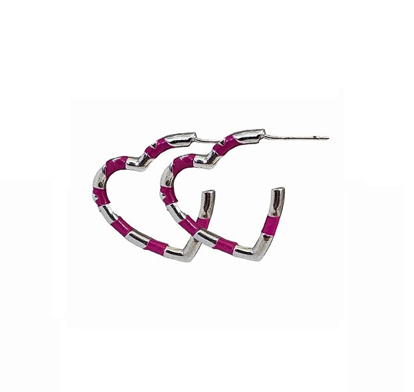 MEIA ARGOLA CORAÇÃO ROSA COM PONTOS DE LUZ BANHADO A RÓDIO BRANCO