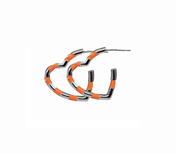 MEIA ARGOLA CORAÇÃO LARANJA COM PONTOS DE LUZ BANHADO A RÓDIO BRANCO