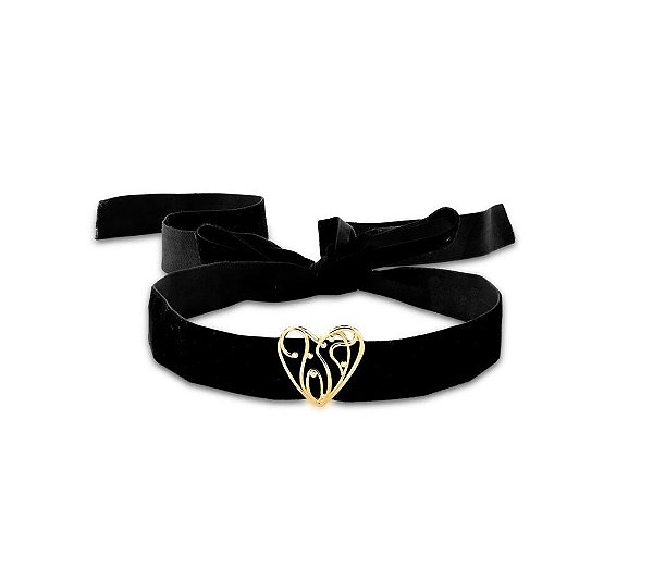 CHOKER EM CAMURÇA COM PINGENTE DE CORAÇÃO VAZADO BANHADO A OURO