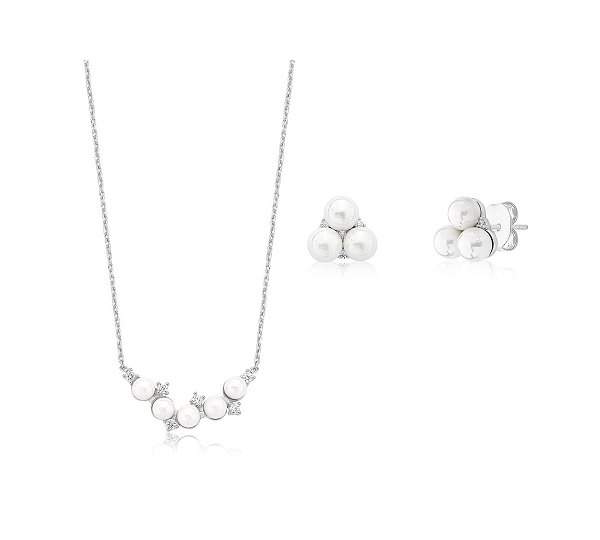 CONJUNTO DE PÉROLAS E PONTOS DE ZIRCÔNIA BANHADO A RÓDIO BRANCO