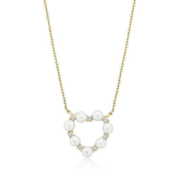 COLAR COM PINGENTE CORAÇÃO EM PÉROLAS BANHADO A OURO