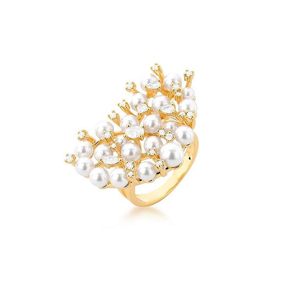 ANEL MAXI CORAÇÃO EM PÉROLAS E PONTOS DE ZIRCÔNIAS BANHADO A OURO